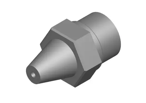Silberne Düse mit konischer Form und hexagonalem Anschluss, hergestellt von Bosch. Das Produkt hat eine zentrale Öffnung für den Durchfluss.
